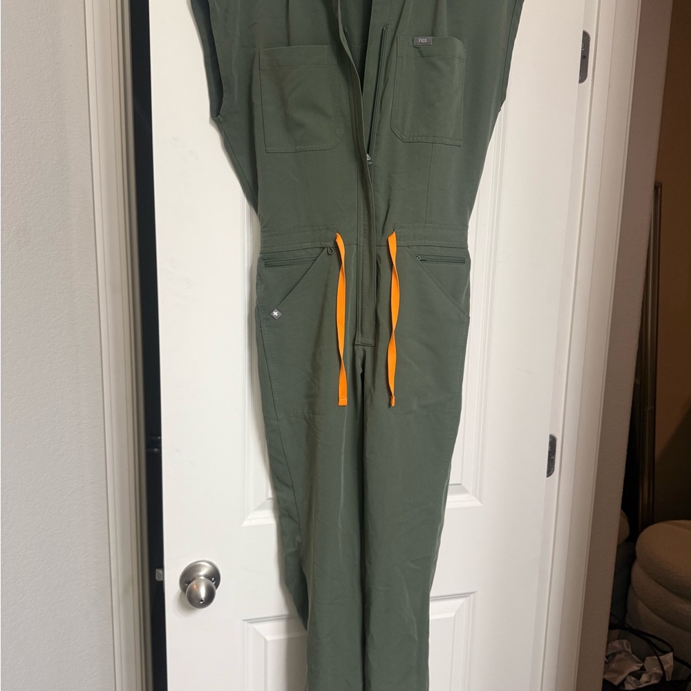 Figs Forest Green Jumpsuit with Bright Orange Ties